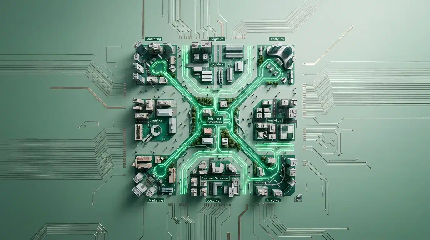 Aerial view of a miniature city on a circuit board, with glowing green data pathways connecting digital commerce components like marketing and logistics, illustrating the interconnected ecosystem.