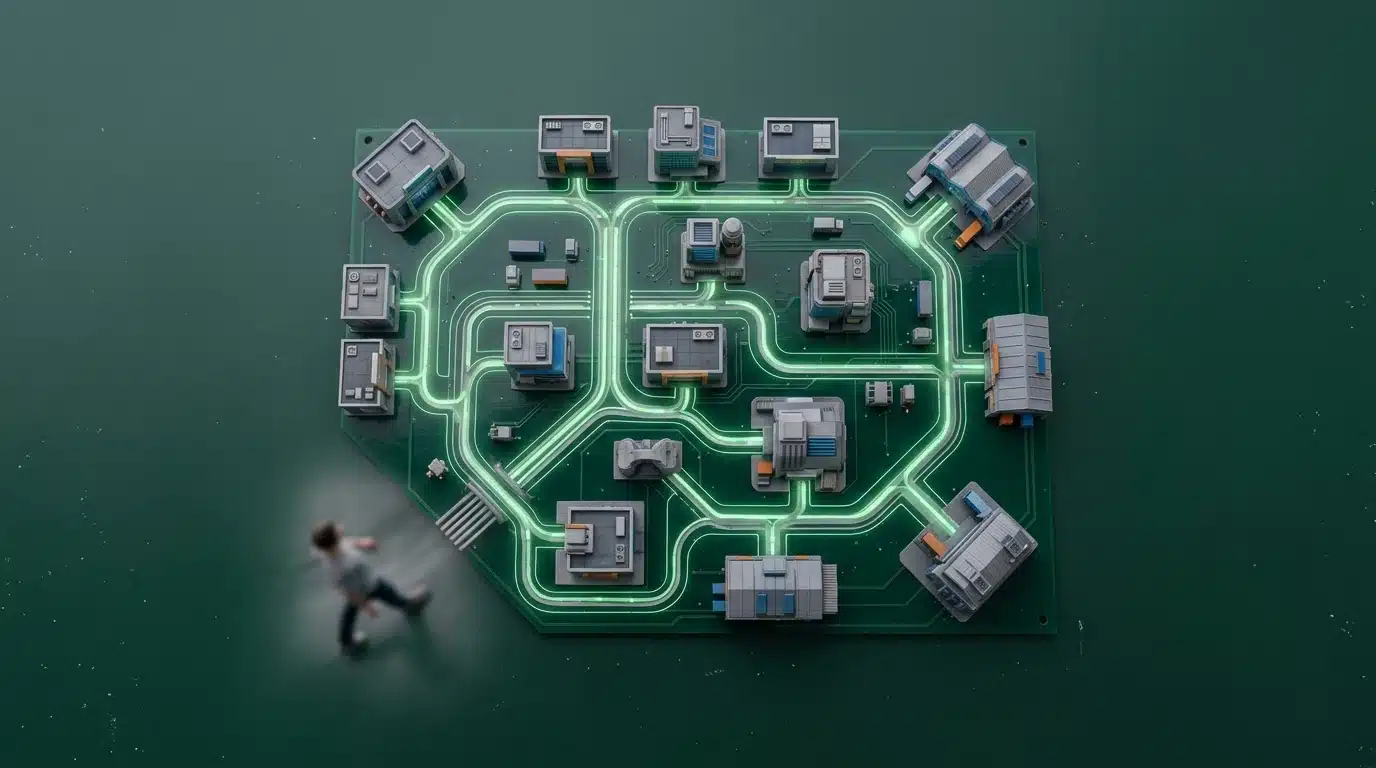 Aerial view of a miniature city built on a green circuit board, with glowing data pathways symbolizing retail technology fueling growth hacking strategies.
