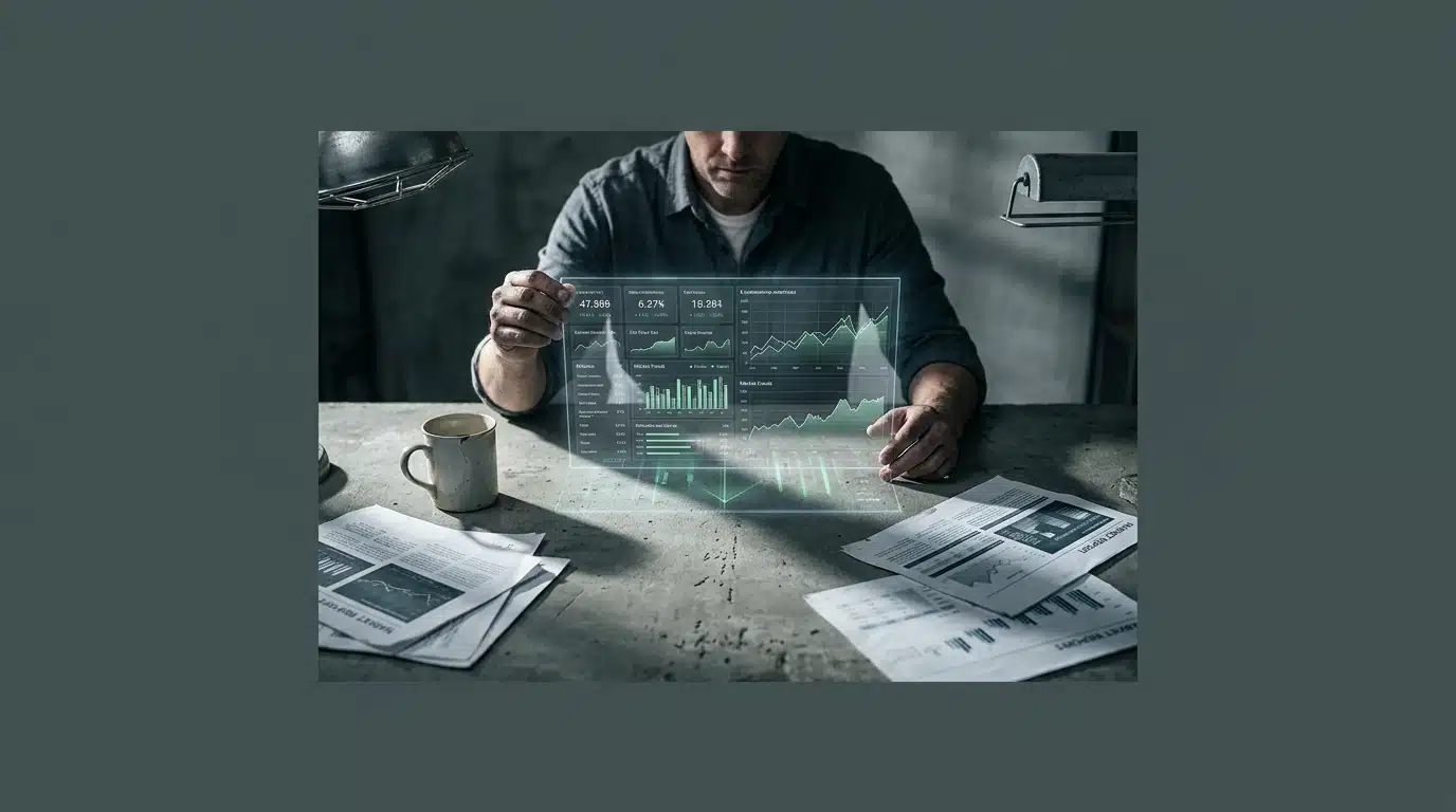 A retail analyst intensely examining complex holographic e-commerce data projections on a concrete table, surrounded by market reports, in a high-contrast, documentary-style photograph.