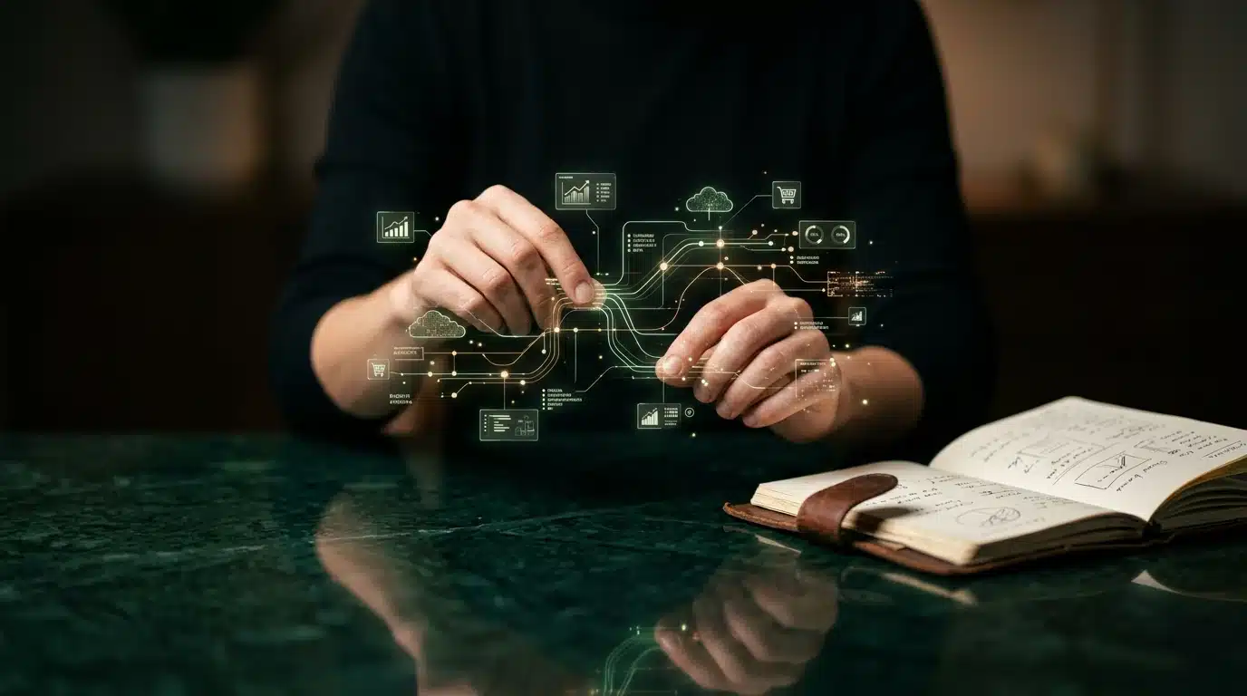Hands interacting with a holographic display showing complex e-commerce market data and consumer journey maps, reflecting digital marketing trends.