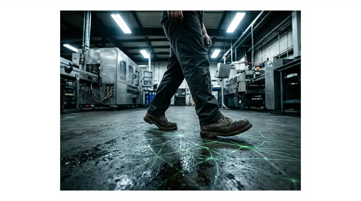 A person walking on a factory floor with projected green data lines, symbolizing retail technology as a strategic growth driver in e-commerce.