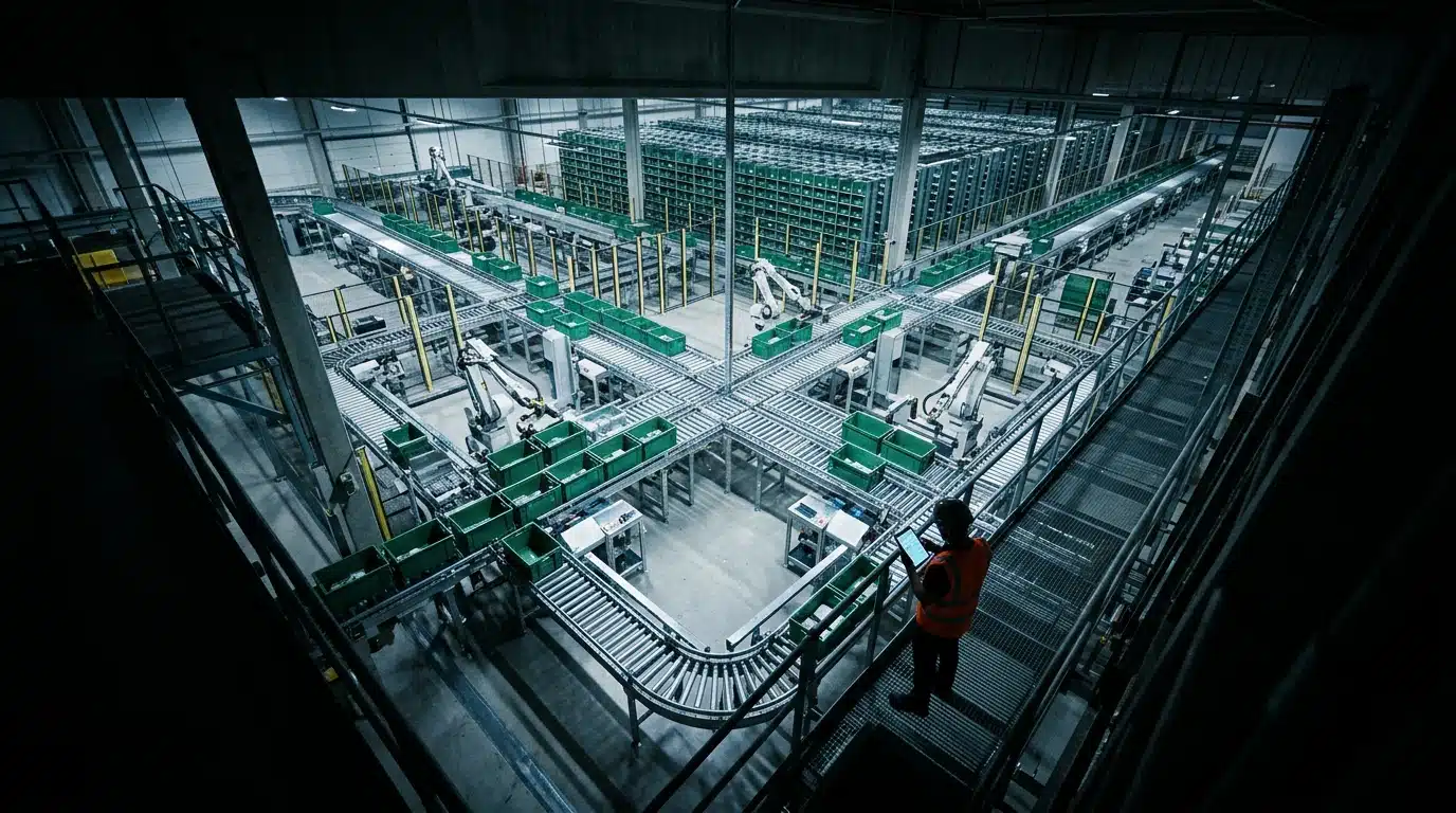 An automated retail warehouse with robotic arms moving green storage bins under cool LED lighting, a technician observing operations.