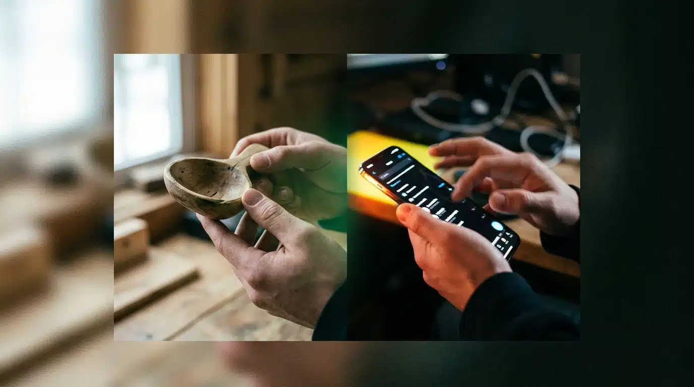 Split image showing a person's hands, one side gently inspecting an ethical wooden product under soft light, the other side rapidly tapping a smartphone screen under harsh LED light, illustrating the paradox of conscious consumption versus instant gratification in online shopping trends.