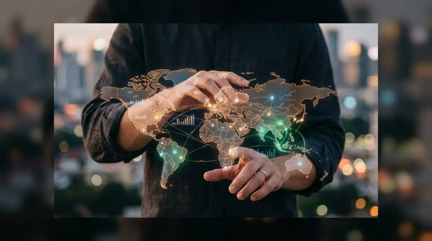 A person's hands interact with a holographic global e-commerce market projection, showing growth trends in Southeast Asia and Latin America, set against a blurred urban cityscape at dusk.
