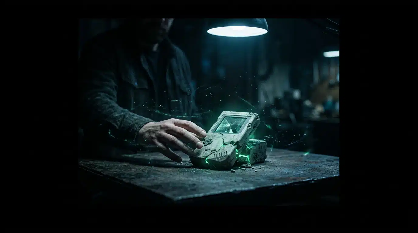 A person's hand reaching towards a crumbling, obsolete digital device glowing faintly, symbolizing the end of old digital marketing strategies.