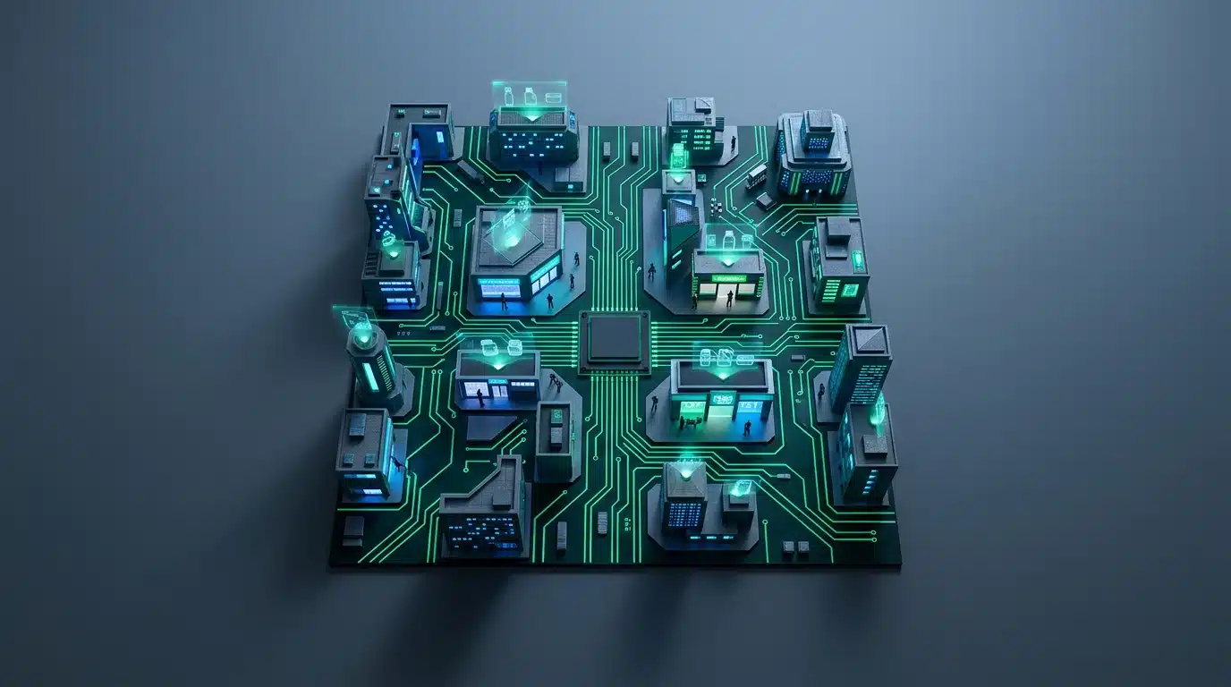 Aerial view of a miniature city with glowing green digital pathways, representing advanced digital commerce and AI-powered interaction.