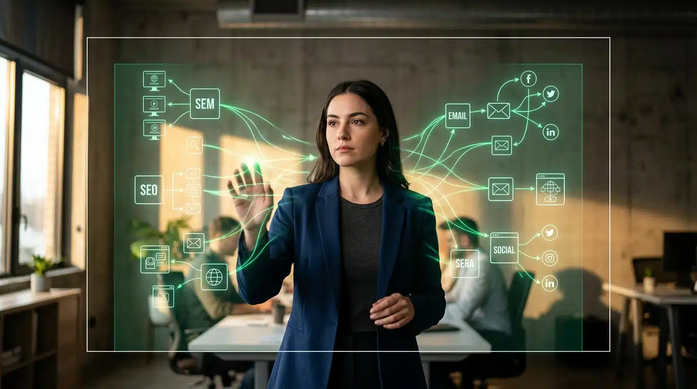A marketing professional interacting with a glowing digital projection of interconnected SEO, SEM, social media, and email marketing channels in a modern workspace, demonstrating online growth strategies.